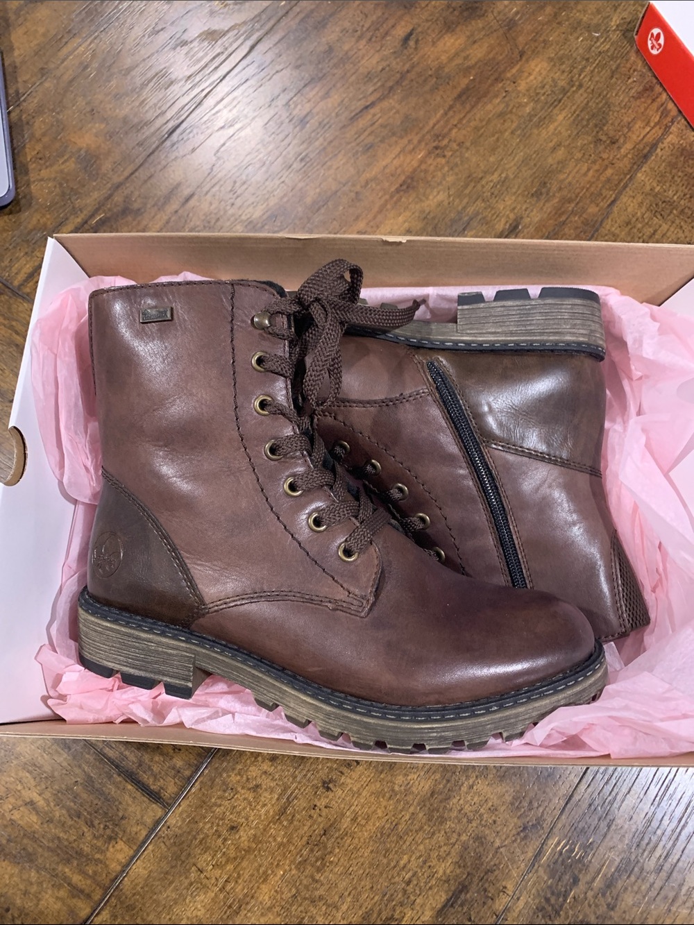 Rieker Brown Leather Lace-Up Combat Boots with Side Zip